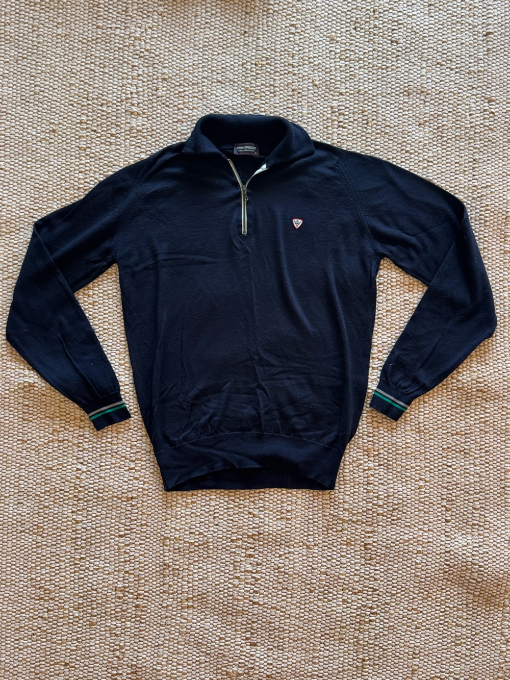 John Smedley Merino Wool 1/4 zip sweater blue with silver & green accents Medium